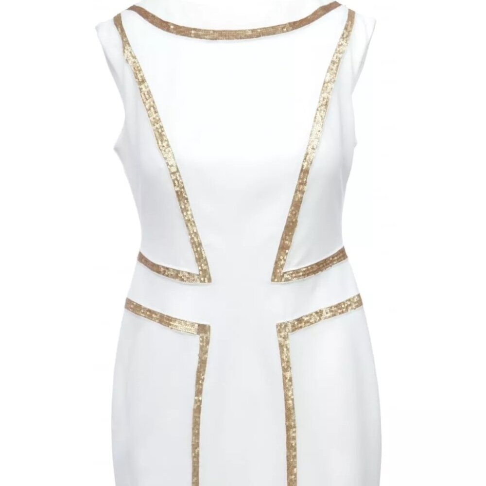 Joseph Ribkoff Womens Dress 10 White Sheath Ecru Gold Tone Sequins Bodycon
